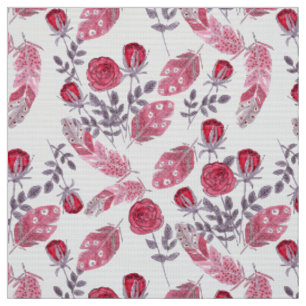 Tissu Aquarelle rouge roses fleurs plumes blanc