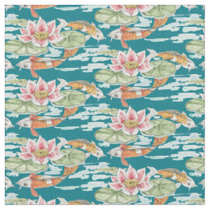 Tissu Aquarelle Tropical Turquoise Koi & Lotus Fish Pond