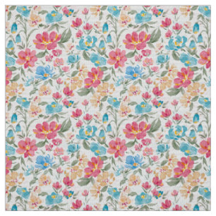 Tissu Aquarelles Florales en Rose et Bleu, Jardin Floral