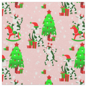 Tissu arbre de Noël rose vache père Noël