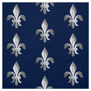 Tissu Argent Fleur-De-lis sur le bleu d'indigo