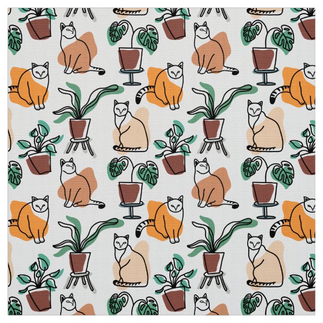 Tissu Art de trait dessin chats et fleurs (Échantillon)