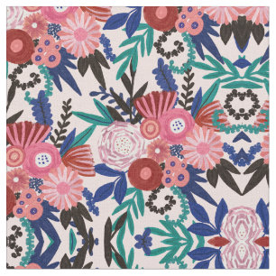 Tissu Artsy rose rouge bleu acrylique Fleurs peintes Feu