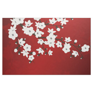 Tissu Asie Floral blanc cerisier rouge