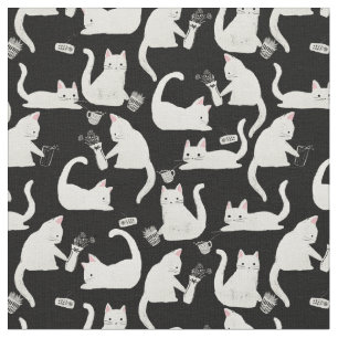 Tissu Bad Cats Knocking Stuff Over, White Cats on Black