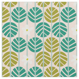 Tissu Bandes estivales vert floral rétro avec base rose
