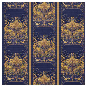 Tissu Bateau antique, Dauphins, Or, Bleu marine Nautique
