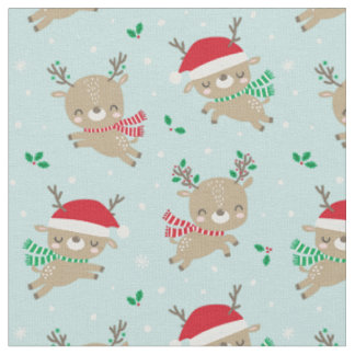 Tissu Beau Noël Reindeer Chapeaux de Père Noël sur Bleu