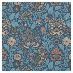 Tissu Belle Flore en Bleu et Beige