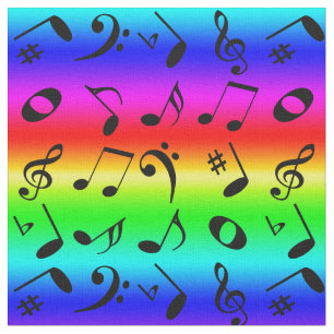 Tissu Black Angled Music Notes Motif Rainbow Gradient