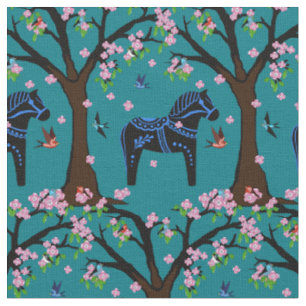 Tissu Black/blue Folk Dala Horaires/Folk birds/fleurs 2,