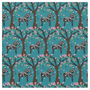 Tissu Black/white Folk Dala Horloge/Folk birds/fleurs
