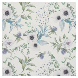 Tissu Blanc Floral Anémone Chardon Botanique