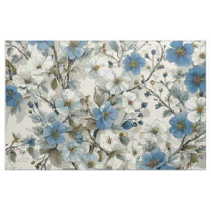 Tissu Blanc Rustique Bleu Botanique Pastel Vintage Flora