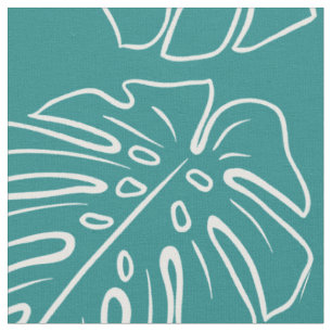 Tissu Blanc Tropical Leaf Motif Sur Cyan Turquoise Blue 