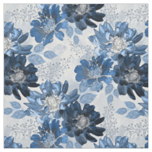 Tissu Bleu clair, fleurs bleu foncé sur gris clair