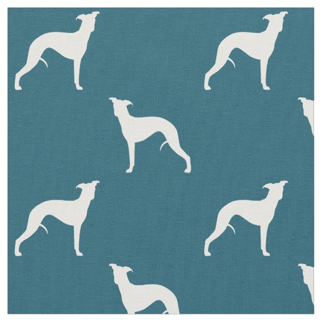 Tissu Bleu de motif de silhouettes de whippet et blanc (Fermer)