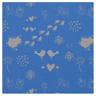 Tissu bleu et gris motif d'oiseaux, points, pas, f