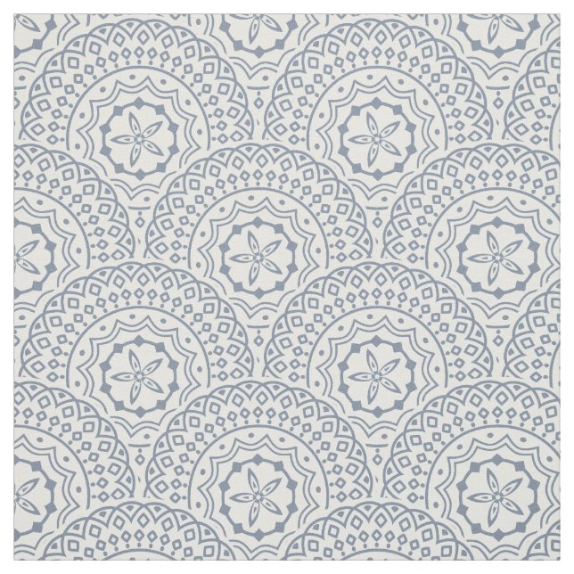 Tissu Bleu mandala vagues motif sur fond blanc (Échantillon)