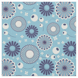 Tissu Bleu moderne rétro et fleurs de crème