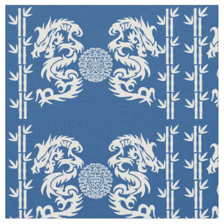 Tissu Bleu profond avec les dragons et le bambou