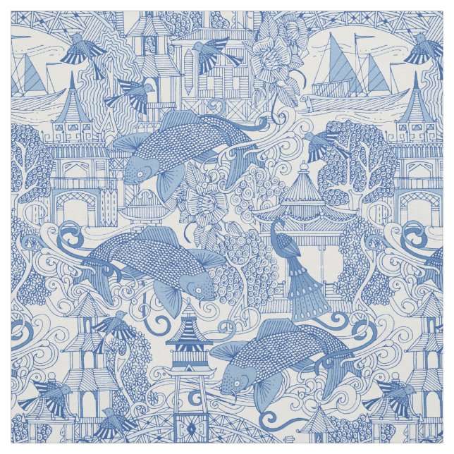 Tissu bleu toile de chinoiserie (Échantillon)