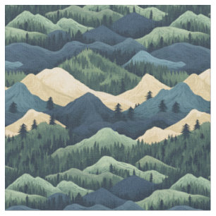 Tissu Bleu / Vert / Crème Arbres & Montagnes