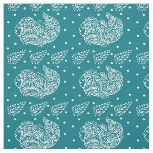 Tissu Bloc-copie blanche d'Indien Paisley et de poissons