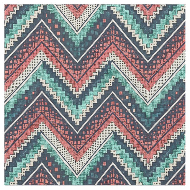Tissu Boho Chevron Motif | Zigzag turquoise, corail et c (Fermer)