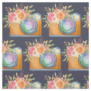 Tissu Boho Orange Camera & Fleurs Motif d'aquarelle