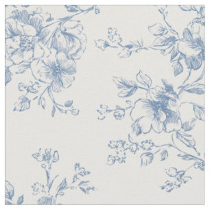 Tissu Bouquet Floral Toile Bleu Crème Botanique Vintage