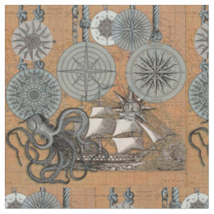 Tissu Boussole Rose Vintage Nautique Octopus Ship
