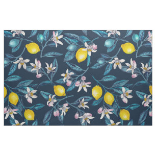 Tissu Branches de citron avec fleurs et fruits sur le bl