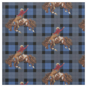 Tissu Bronco Busch Rodeo Cowboy sur Blue Plaid