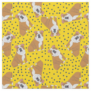 Tissu Bulldogs anglais à motif jaune, Pois bleu