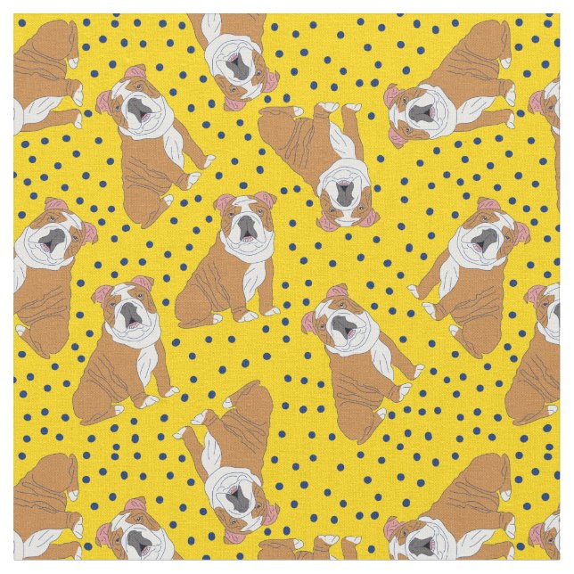 Tissu Bulldogs anglais à motif jaune, Pois bleu (Fermer)