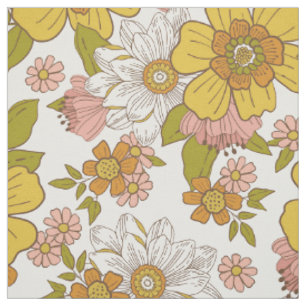 Tissu Callista rétro les années 70 Fleurs jaunes et ro