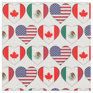 Tissu Canada Mexique USA 3 Pays Coeurs Drapeaux