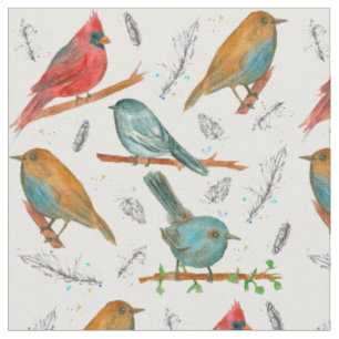 Tissu Cardinal Bird Bickadee Bluebird Aquarelle Art
