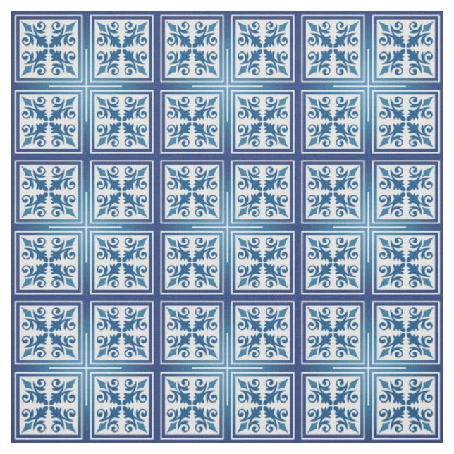 Tissu Carrelage Bleu Méditerranéen Marocain Coton ou lin (Échantillon)