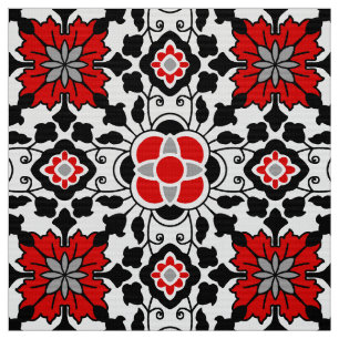Tissu Carrelage marocain floral, rouge profond, noir et 