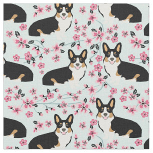 Tissu Cerisiers en fleurs de corgi tricolore