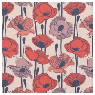 Tissu Champ de pavots // fleur sauvage de contour de lig