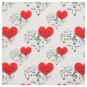 Tissu Chanter Motif de coeur. Coeurs rouges, notes noire