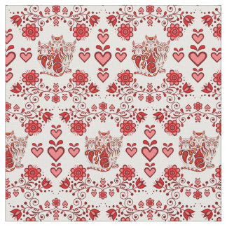 Tissu Chat folk/fleurs/chats calico cardiaques, tirages 