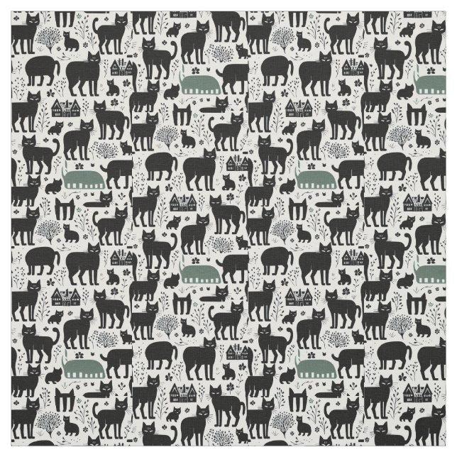 Tissu Chat noir botanique blanc motif moderne boho (Échantillon)