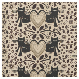 Tissu Chats et Coeurs Boho dans les tons terre
