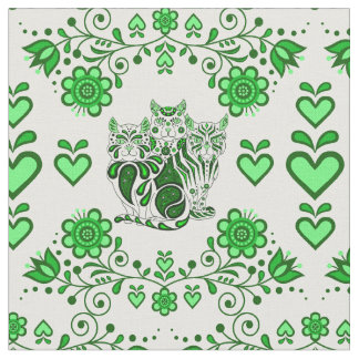 Tissu Chats folkloriques/fleurs/chats cardiaques calico,