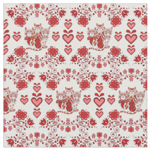 Tissu Chats folkloriques/fleurs/chats cardiaques calico,