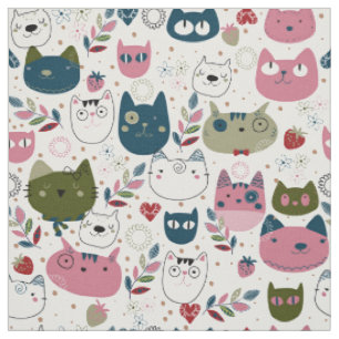 Tissu Chats visage vert chaud muet turquoise rose motif